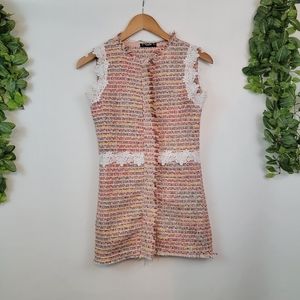 Shein Multi-Color Knit Floral Lace Fringe Trim Mini Retro Zip Up Dress